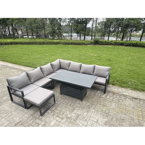 Fimous 8 Seater Aluminium Sofa Set 7 Pieces Outdoor Garden Furniture - Rising Dining Table with Cushions Dark Grey (1/5)