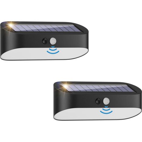 2 pièces Lampe Solaire Extérieur Détecteur de Mouvement, LED 3000K Lumière Solaire Extérieure, 2000mAh Applique Murale Solaire Sans fil, IP44 Eclairage Exterieur Solaire Pour Jardin, Noir (1/5)