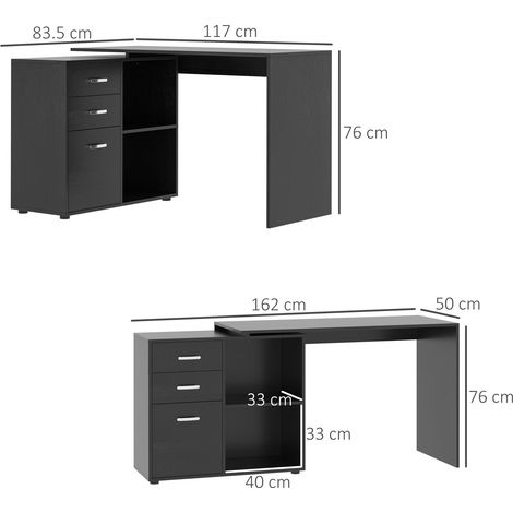Bureau d'angle pour ordinateur avec deux tiroirs et une étagère ouverte, bureau d'angle en L (bois/métal), 117 x 83,5 x 76 cm, noir (1/5)