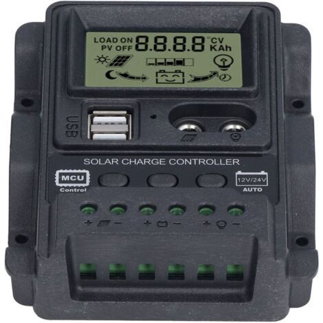 FENOPLASTICAContrôleur de Charge Solaire PWM Double USB avec Écran LCD ABS, Régulateur 12V/24V 10A pour Panneaux 130W-260W et Éclairage (1/3)