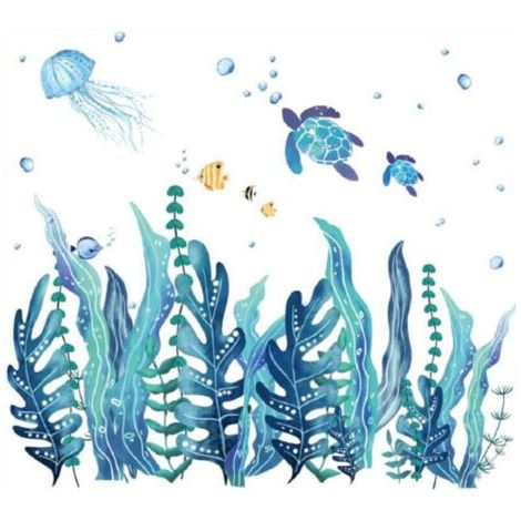 2 Feuilles Stickers Muraux Algues 3D Sous-Marins Stickers Muraux Tortues de Mer Autocollant Mural en Vinyle Amovible de Poisson Méduse d'Herbe d'Océan pour Chambre Salle de Bains