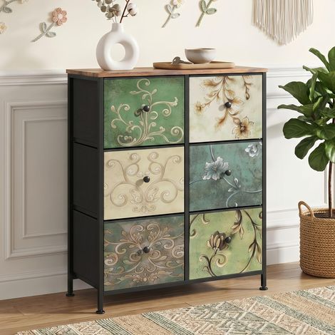 Commode 6 tiroirs Vert 67 cm - Meuble de Rangement et poignées noires, motif Vintage, cadre en métal noir, adaptée au salon, chambre à coucher (1/5)