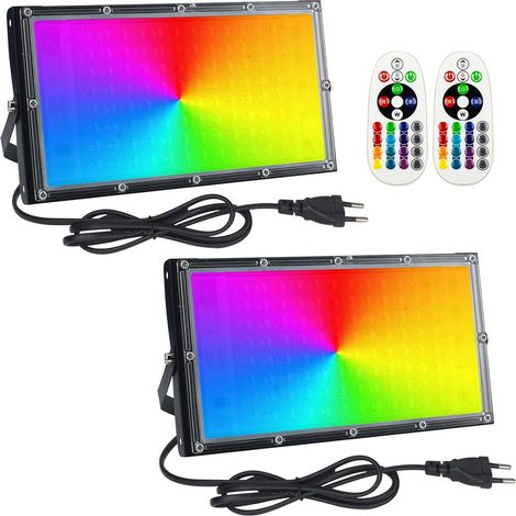 Projecteur LED RGB Exterieur 100W, 2pcs Projecteur Led Couleur Spot LED Extérieur de Jardin 16 Couleurs 4 Modes avec Télécommande Etanche IP65 pour Jardin Arbre Soirée Bar Fête (1/5)