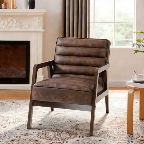 Lounge-Sessel, gepolsterter Akzentstuhl mit breitem Sitz, dickem Kissen und Massivholzrahmen, braun