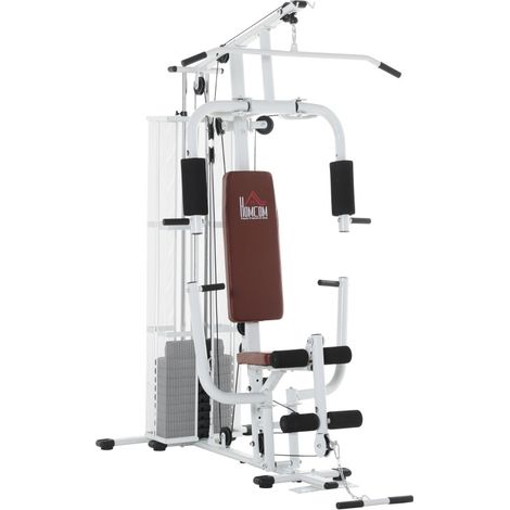 Station de fitness multifonctionnelle en métal avec poids, poulie et développé jambes, 150 x 110 x 210 cm, blanc (1/5)