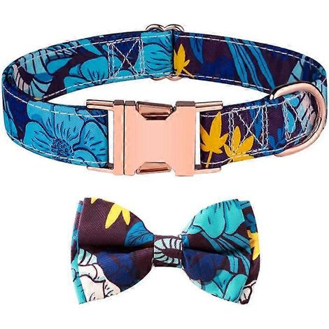 Hübsches, geblümtes Hundehalsband mit Accessoires, für kleine, mittlere und große weibliche Welpen, dunkelblau gemustert.