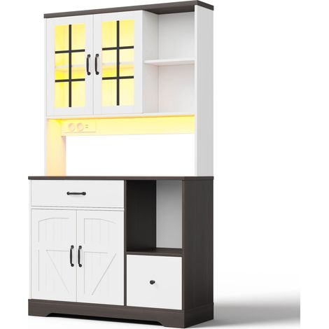 Vaisselier style grange, armoire de cuisine haute vintage avec LED et prises, buffet de rangement avec tiroirs et crochets, 105x40x185 cm