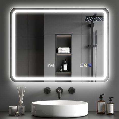 Bluetooth-Badezimmerspiegel mit LED-Beleuchtung, 60 x 80 cm, beleuchteter Wandspiegel mit Uhr, beschlagfrei, silber (1/5)