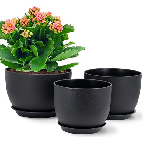 Set of 3 Plastic Flower Pots (18/16/14 cm), Modern Planters with Drainage Holes and Detachable Saucer, Black (1/5)