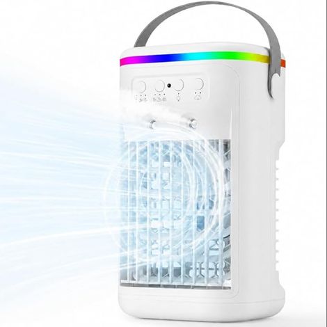 Climatiseur Mobile, Mini Rafraîchisseur d’Air Silencieux avec Télécommande, Ventilateur Brumisateur USB, 3 Vitesses, 2 Modes Brume, Minuteur 1H/2H/4H, LED 7 Couleurs, pour Chambre Bureau (1/5)