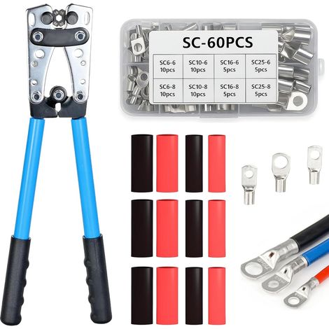 Crimpzangen-Set für Kabelschuhe (6/10/16/25/35/50 mm²), Batteriekabel-Crimpzange, groß mit 8 Größen, 60 Kupfer-Ringkabelschuhe + 60 Schrumpfschläuche für Autobatterien und elektrische Installationen, (1/5)