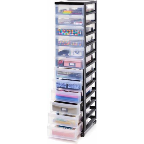 Tour de rangement à Roulettes en Plastique, 12 Petits Tiroirs, Noir, Ouverture Facile, Meuble de Rangement, Papeterie, pour Chambre, Salle de Bain, École (1/5)
