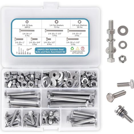 180-teiliges Schrauben- und Mutternsortiment aus 304 Edelstahl, 1/4-20 Zoll Gewinde, verschiedene Längen 13–76,2 mm, mit Unterlegscheiben & Federringen (1/5)