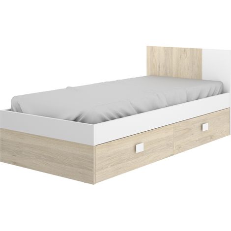 Lit adulte coloris blanc, chêne naturel avec 2 tiroirs - Longueur 196 x Profondeur 97 x Hauteur 79 cm (1/5)