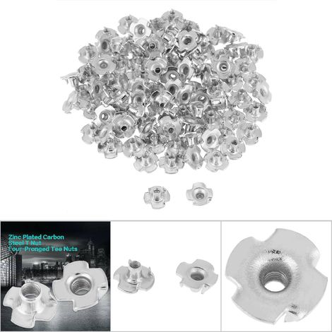 100 écrous à griffes en acier au carbone zingué, écrous en T à 4 pointes pour bois et mobilier, filetage M5, lot de 100 (1/5)