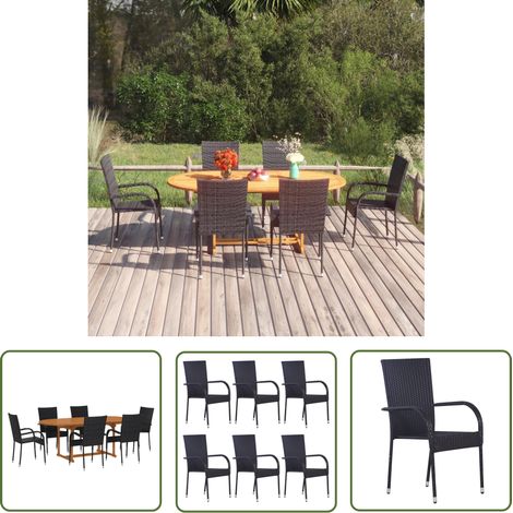The Living Store 7-tlg. Garten-Essgruppe Poly Rattan Schwarz - Gartentisch - Esstisch - Gartenmöbelset - Outdoor Möbel - Holztisch (1/5)