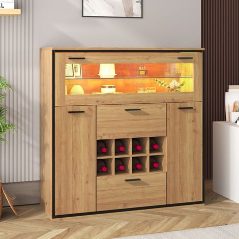 Aparador 110 x 38 x 111 cm - Mueble bar con iluminación LED - Puerta doble y estante de cristal - Roble y negro (1/5)