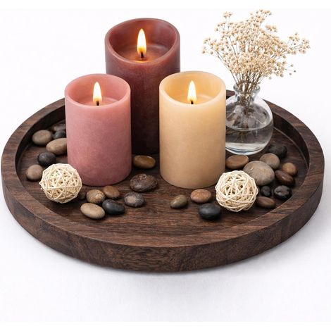 Plateau Rond en Bois Foncé pour Bougies, Plateau Décoratif Rustique (1/5)