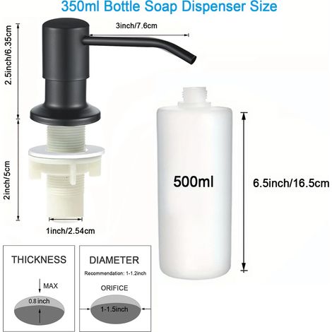 Distributeur de savon liquide pour évier (noir, 500 ml) en acier inoxydable, avec pompe et pompe. Disponible en flacons de 350 ml et 500 ml. À fixer sur l'évier. (1/5)