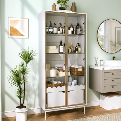 Vitrine haute 75x35x170,8 cm en MDF blanc et doré, avec rangement pour salon FloraGrace (1/5)