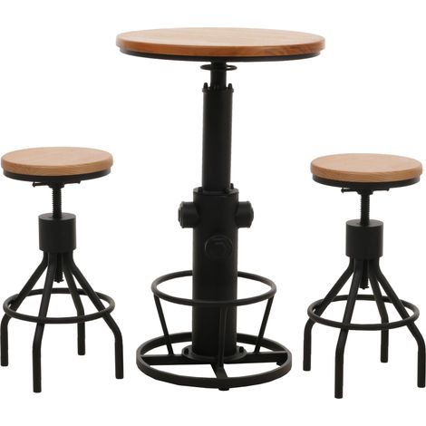 Set table de bar + 2x tabourets de bar HHG-032, chaise de bar table haute réglable en hauteur pivotante repose-pieds industrielle, bois naturel