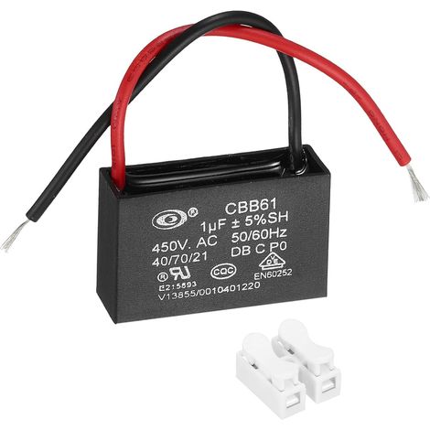 CBB61 Condensateur 1uf 450V AC 2 Fils Condensateur Ventilateur Plafond Remplacement par Borniers pour Moteur de Pompe, Générateur ou Souffleur, 37x22.5x12mm (1/5)