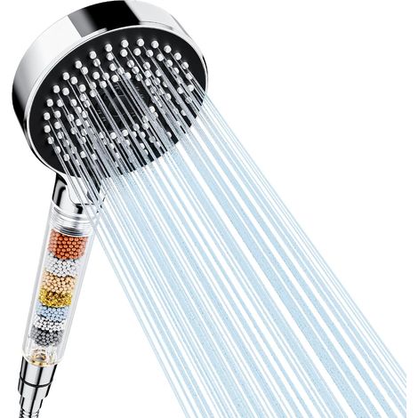 Pommeau de douche anticalcaire multi-jets, 5 modes, pommeau de douche filtrant haute pression, idéal pour l'eau dure, élimine efficacement le chlore résiduel.(Pommeau de douche argenté + flexible de 1 (1/5)