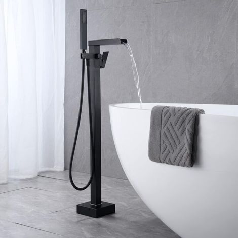 Badewannenarmatur mit Wasserfall-Handbrause, freistehende Bodenarmatur, Insel-Badewannenarmatur mit Griff, Schwarz (Innenanschluss)