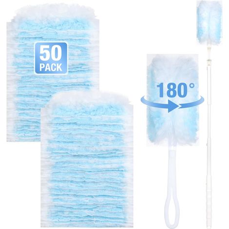 52-Piece Duster Refill Kit, with 1 Telescopic Handle and 1 Short Handle, Duster for Cleaning Dust, Dirt, Hard-to-Reach Areas and Hair, Blue (1/5)