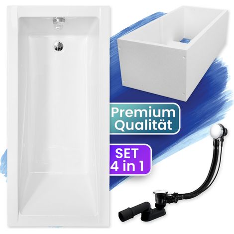 Badewanne Rechteck 130x70  mit Wannenträger, Ablaufgarnitur & Füßen GRATIS - Komplettset 4in1 Original Acryl Wanne Siphon - BADLAND MODERN