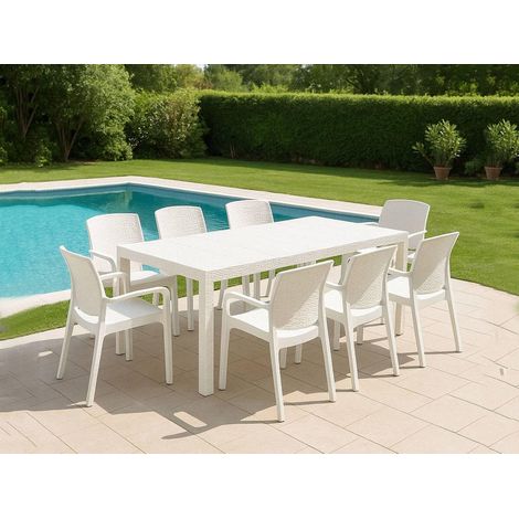 Salon d'extérieur Manarola, Table rectangulaire Extensible avec 8 chaises et accoudoirs, Blanc (1/3)