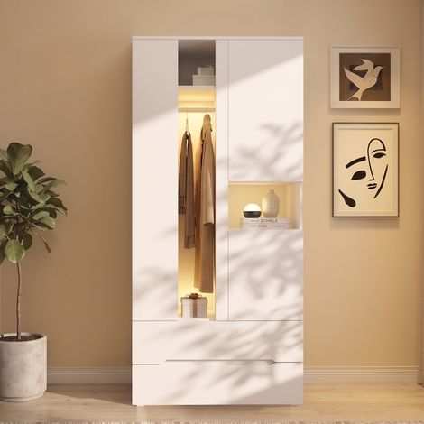 Armoire penderie 90x50x200 cm avec éclairage LED, 3 portes, 2 tiroirs, 6 étagères et élément vitré, rangement vêtements, MDF - Blanc (1/5)