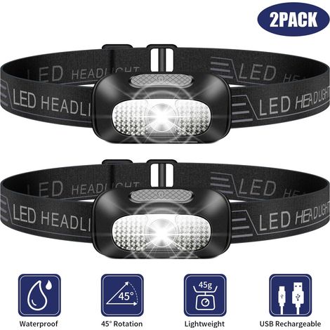 Lampe frontale LED, lampe frontale légère 2 pièces, lampe frontale étanche rechargeable USB super brillante pour le camping, la pêche, la course, le jogging, la randonnée, la lecture, le travail (1/5)
