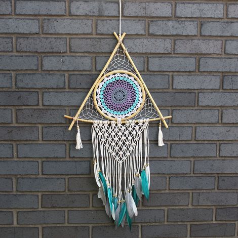 Protection Dream Cather - Lrg Pyramide Macramé Blanc/Turquoise- Vendu par 1 (1/3)