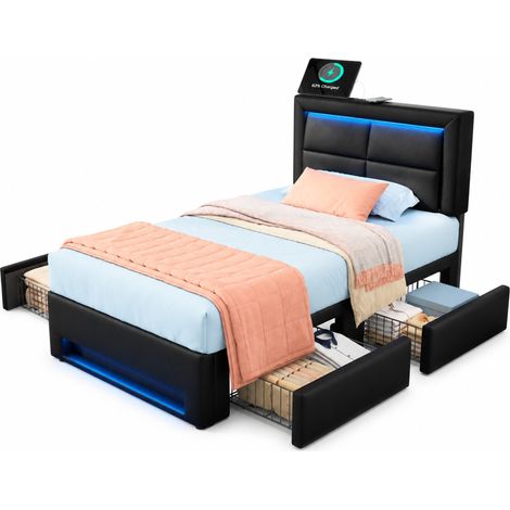 Lit rembourré 90x190 cm avec USB, LED RVB, 4 tiroirs de rangement et sommier à lattes stable, sans matelas, cuir régénéré noir pour chambre gain de place - CHICFURN (1/5)