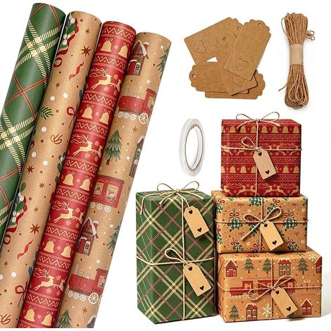 Weihnachtsgeschenk-Set, 4 Rollen Kraftpapier-Geschenkpapier, je 43 cm x 3 m, recycelbar, ideal zum Verpacken von Weihnachtsgeschenken, für Partys und Geburtstage (1/5)