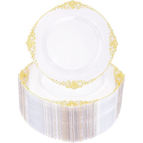 25 assiettes en plastique, roses avec finition dorée, jetables, pour fêtes, mariages et anniversaires (1/5)