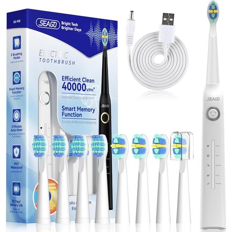 brosse à dents sonique rechargeable, 5 modes, 8 têtes, minuterie 2 min, 40000 VPM, USB-C, autonomie 30 jours, étanche IPX7, Brosse électrique adulte pour voyage (Blanc) (1/5)