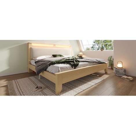 Bett 180x200 cm aus MDF und beigefarbenem Stoff mit LED und Ablage – MEUBLIV (1/5)