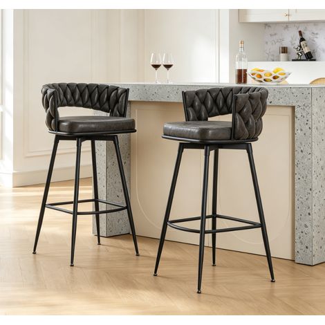 tabouret de bar gris foncé pivotant dossier tressé simili cuir siège rembourré pieds métalliques noirs pour cuisine comptoir bar maison (1/5)