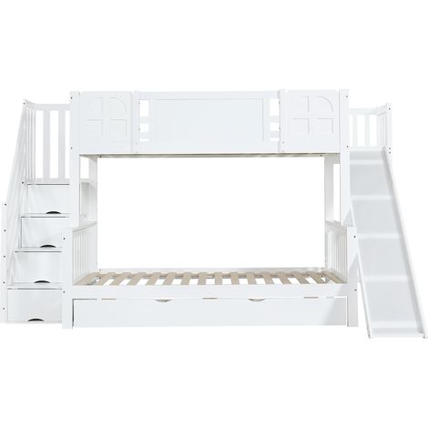 Etagenbett für Kinder mit Rutsche, Fenstern, Stauraumtreppe, weiß, MDF, 90x200 (1/5)