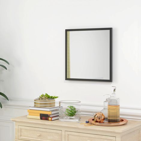 Miroir mural carré en bois noir 50x50 cm, idéal pour décoration salle de bain, chambre ou séjour