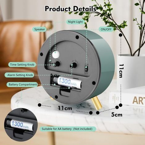 Runder analoger Wecker ohne Ticken, Wecker mit Metallgehäuse und Nachtlicht, batteriebetriebener Wecker für Büro, Schlafzimmer, Erwachsene und Kinder (1/4)