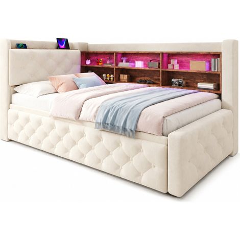 CHICFURN Sofá cama convertible 90x190 cm de terciopelo beige con almacenaje, LED, USB Tipo-C (1/5)