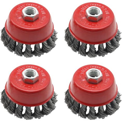 Lot de 4 brosses métalliques pour meuleuse d'angle avec nœud torsadé pour ponceuse 115 mm Ø 75 mm M14 (1/5)