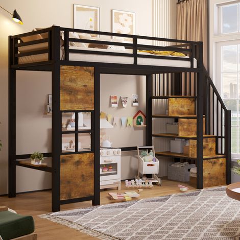 Letto a castello 90x200 cm nero in metallo e MDF con scaletta contenitore e spazio gioco (1/5)