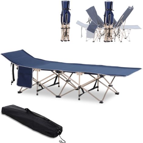 Lit de camp avec 1 poche latérale, sac de transport et cadre en acier, capacité de charge 150 kg, 190 x 68 x 52 cm, bleu (1/5)