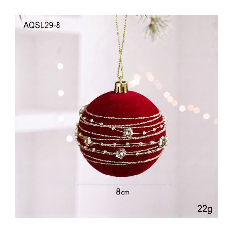 Boule de Noël en velours 8cm avec perles et ruban - Décoration festive rouge et or (1/2)