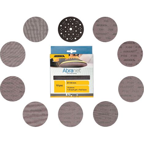 Mirka Abranet - dischi abrasivi in rete Ø 150mm a strappo/confezione mista 1 di ogni grana 80, 100, 120, 150, 180, 220, 320, 400, 600 + cuscinetto di protezione / 10 pz/Per levigatrici rotorbitali