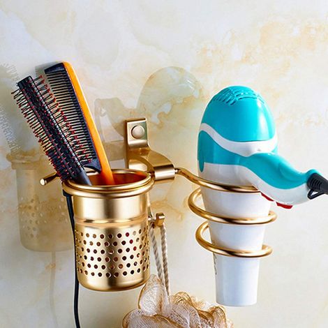 Porte-sèche-cheveux avec tasse murale, support pour sèche-cheveux mural en aluminium, porte-téléphone mural avec vis de fixation pour salle de bain, douche, hôtel barbier (or) (1/5)